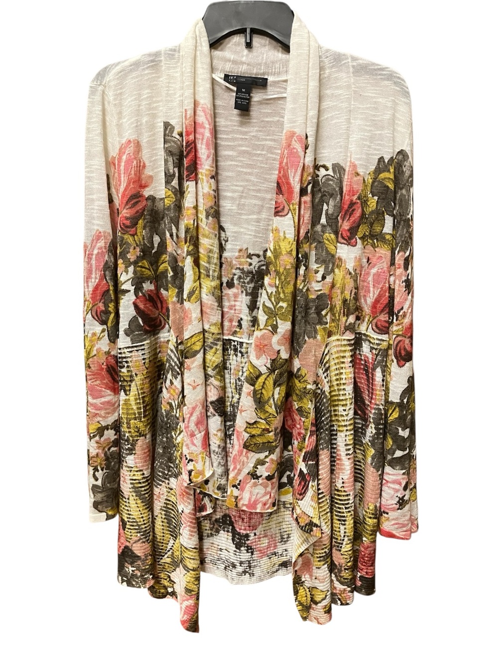 INC International Concepts Floral Open-Front Cardigan in Cream, Pink & Green